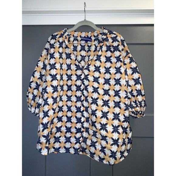 Ro's Garden Tops - Ro's Garden Blue White Floral Lavinia Rachel Shirt Bell Cuff Block Cotton S